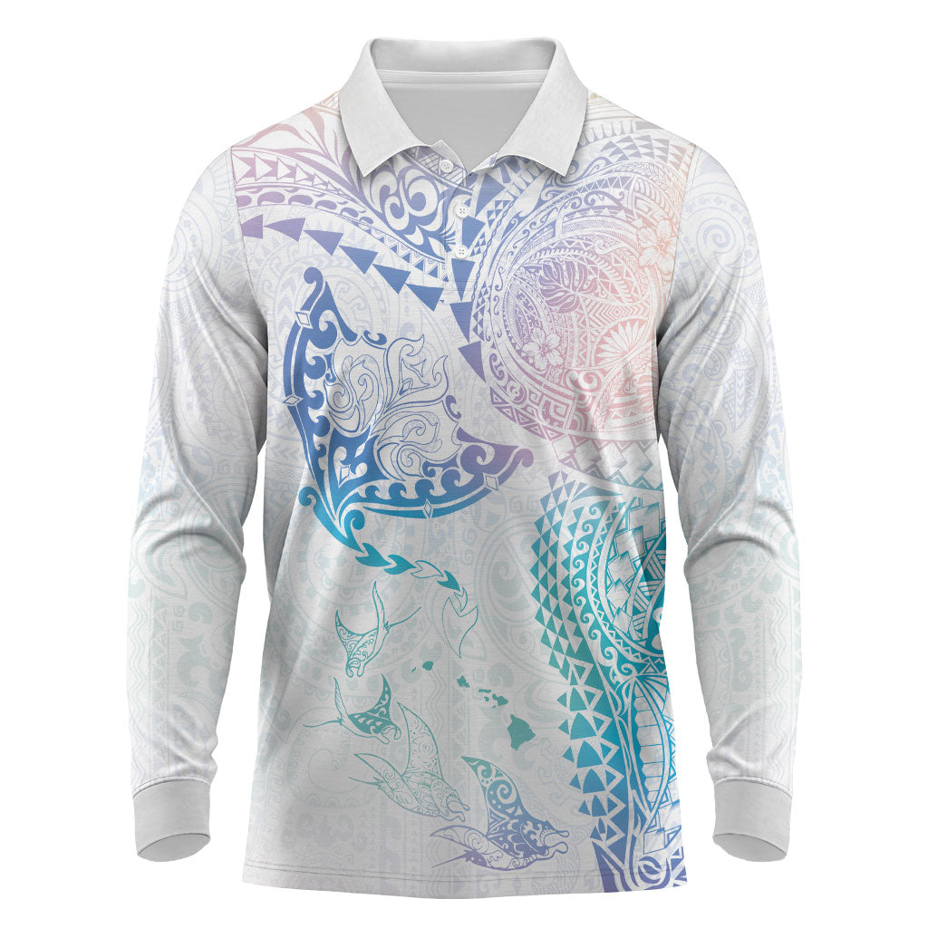 Hawaiian Manta Ray Tribal Long Sleeve Polo Shirt Polynesian Art Motifs Sweet Pastel
