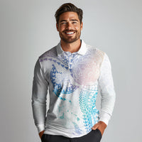 Hawaiian Manta Ray Tribal Long Sleeve Polo Shirt Polynesian Art Motifs Sweet Pastel