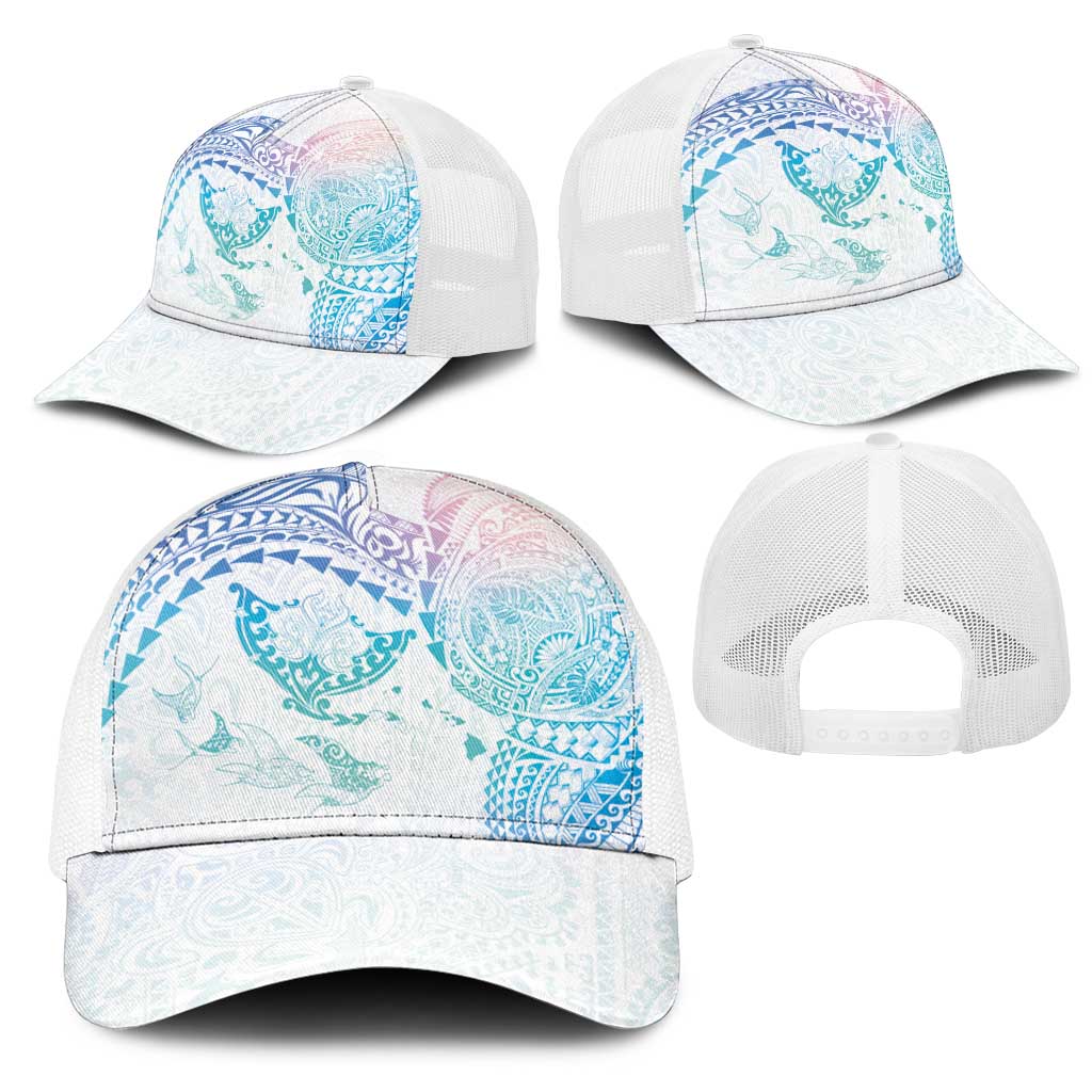 Hawaiian Manta Ray Tribal Mesh Trucker Cap Polynesian Art Motifs Sweet Pastel
