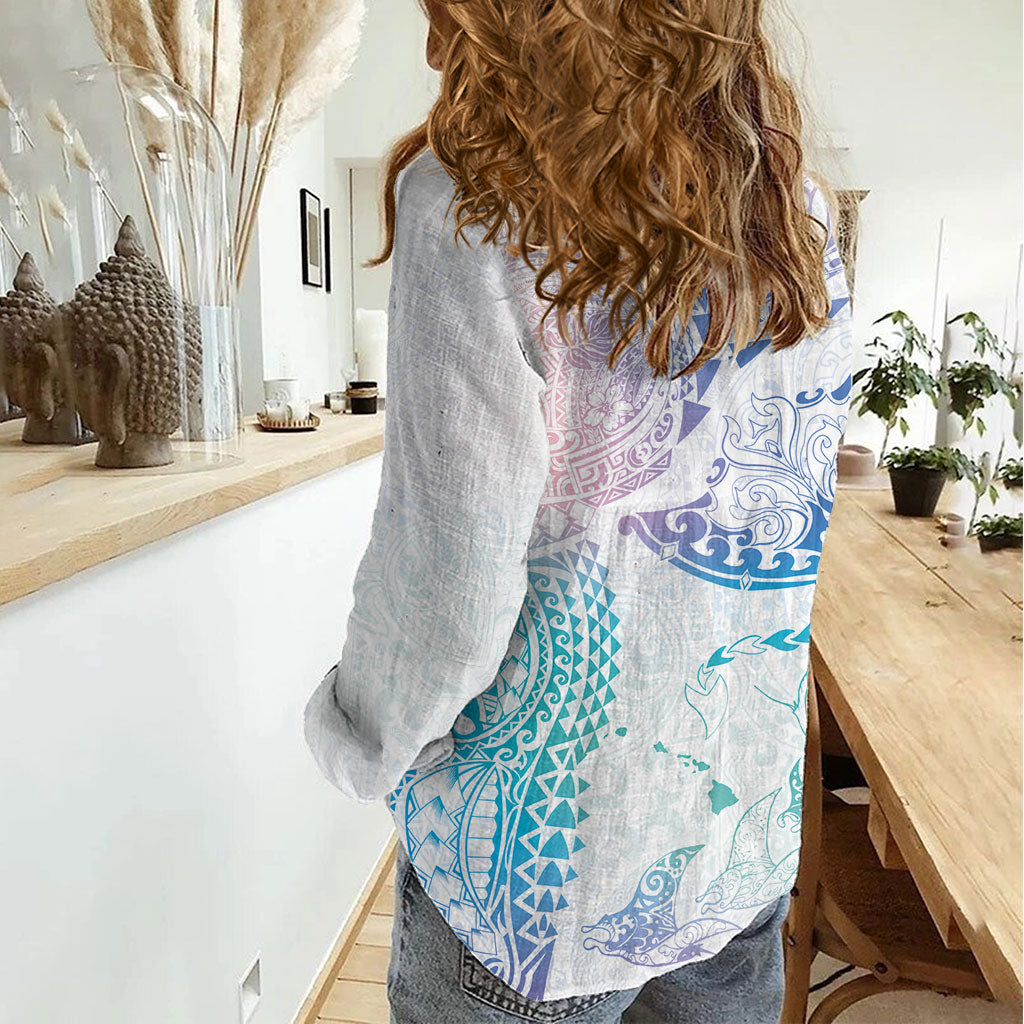 Hawaiian Manta Ray Tribal Women Casual Shirt Polynesian Art Motifs Sweet Pastel