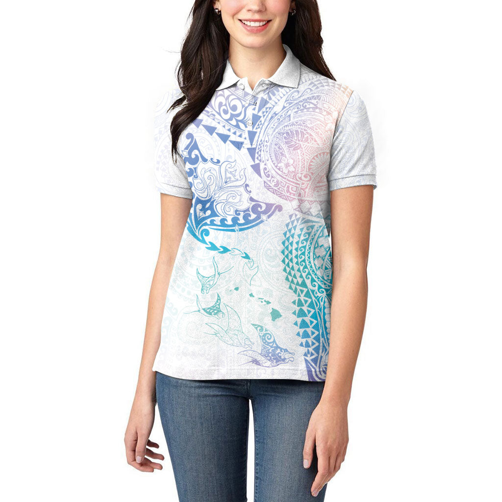 Hawaiian Manta Ray Tribal Women Polo Shirt Polynesian Art Motifs Sweet Pastel