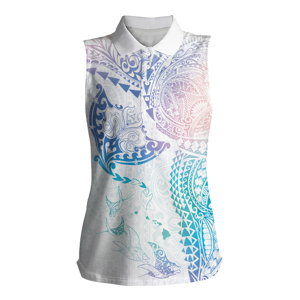Hawaiian Manta Ray Tribal Women Sleeveless Polo Shirt Polynesian Art Motifs Sweet Pastel