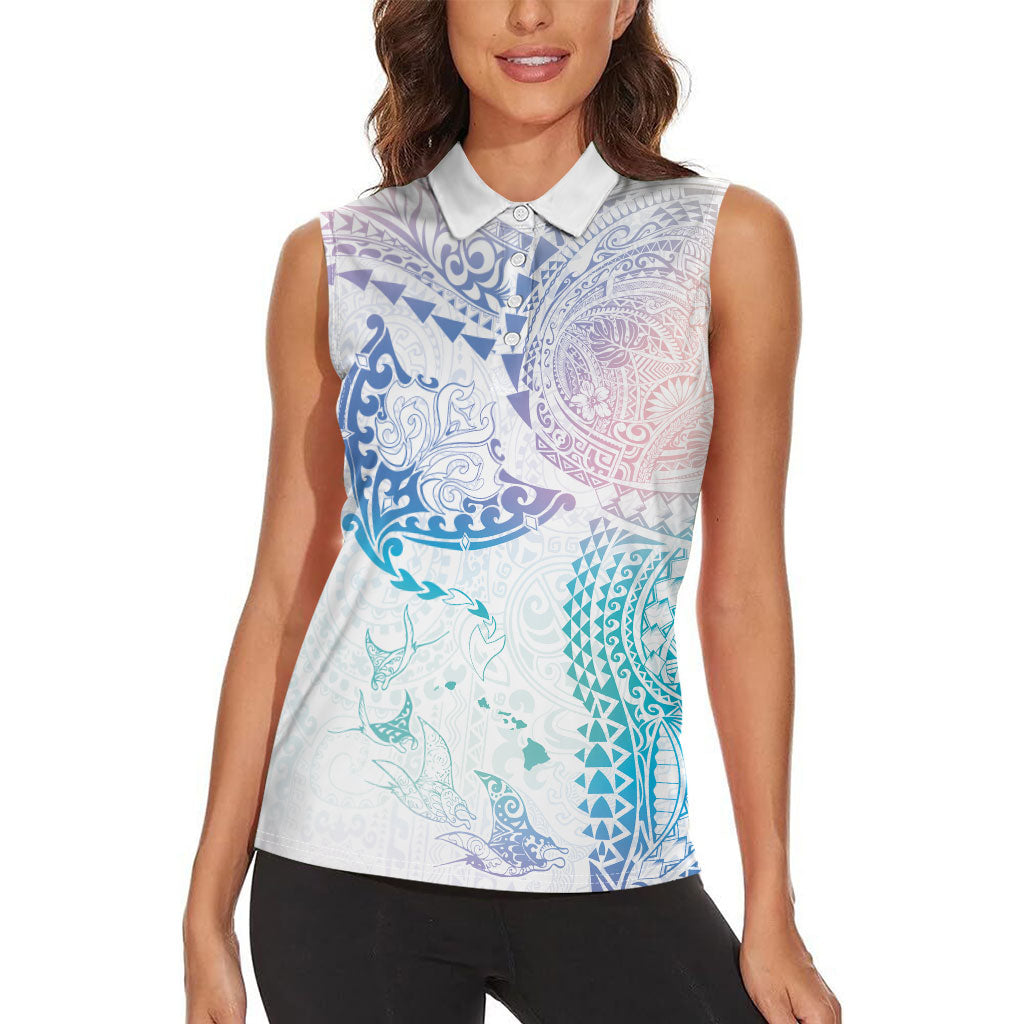 Hawaiian Manta Ray Tribal Women Sleeveless Polo Shirt Polynesian Art Motifs Sweet Pastel