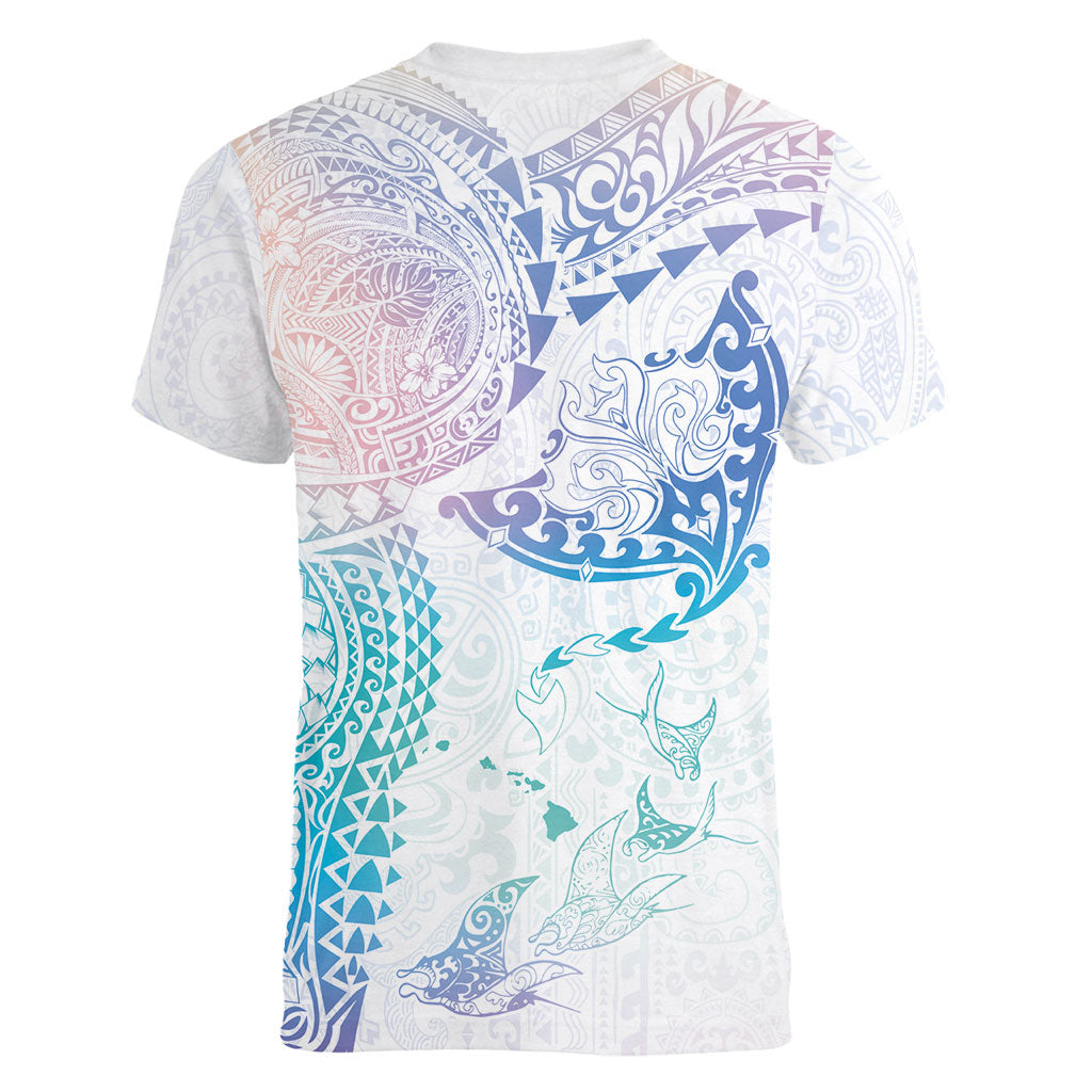 Hawaiian Manta Ray Tribal Women V-Neck T-Shirt Polynesian Art Motifs Sweet Pastel