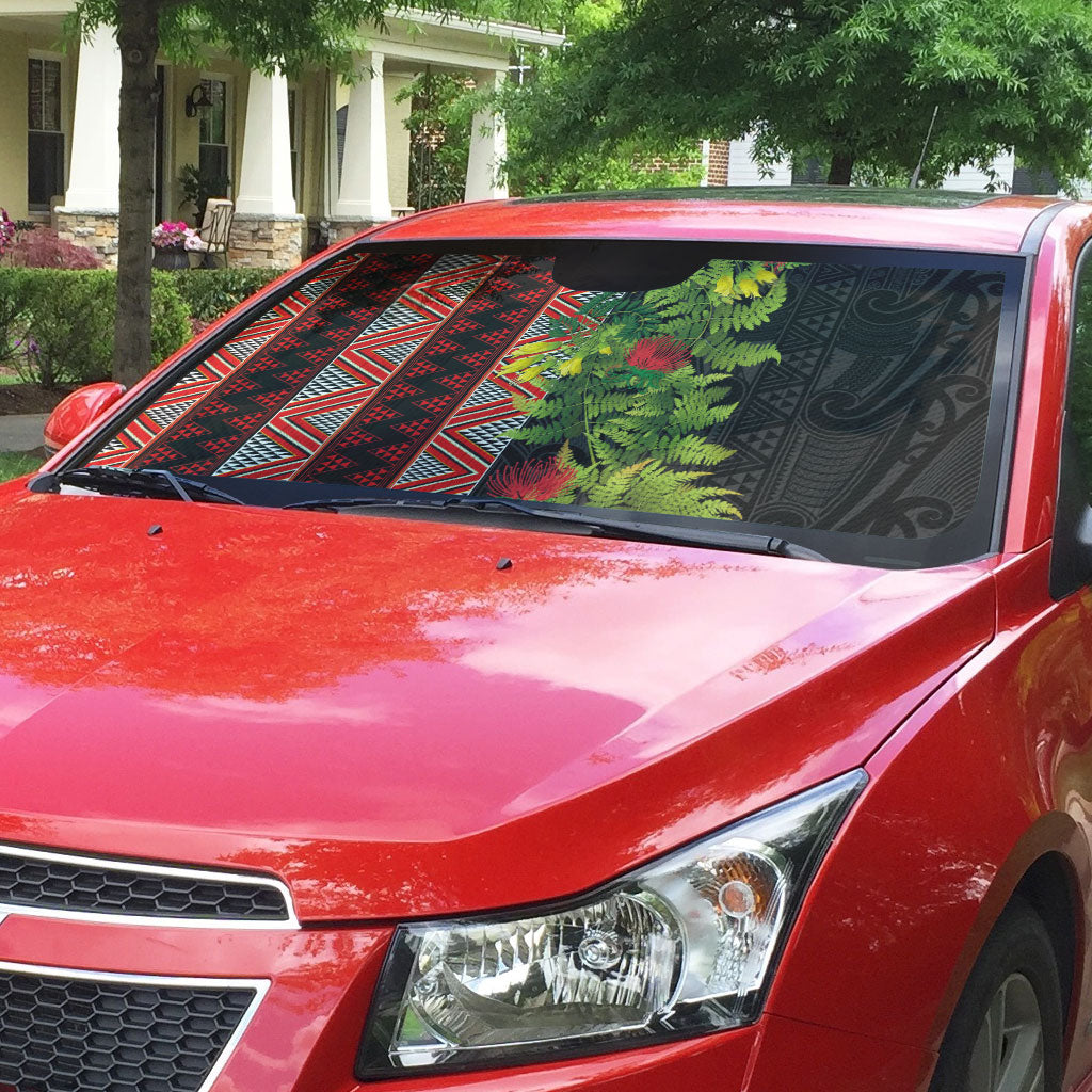 Maori Tukutuku Auto Sun Shade with Ferns Pohutukawa and Kowhai Tribal Moko Patterns LT03 - Polynesian Pride