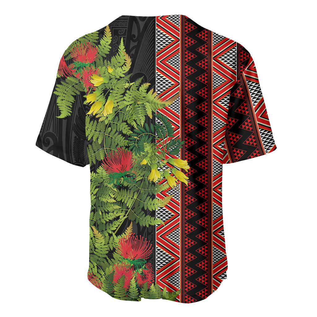 Maori Tukutuku Baseball Jersey with Ferns Pohutukawa and Kowhai Tribal Moko Patterns