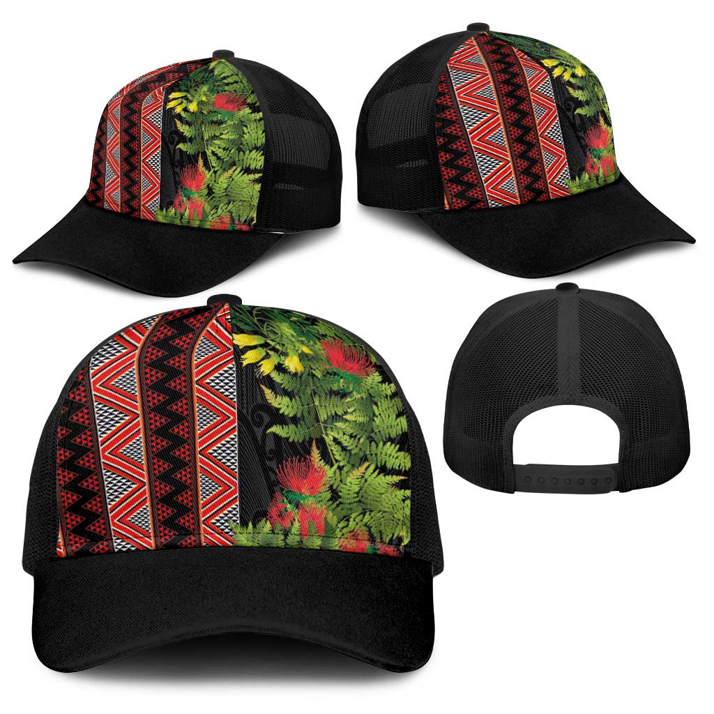 Maori Tukutuku Baseball Net Cap with Ferns Pohutukawa and Kowhai Tribal Moko Patterns LT03 - Polynesian Pride