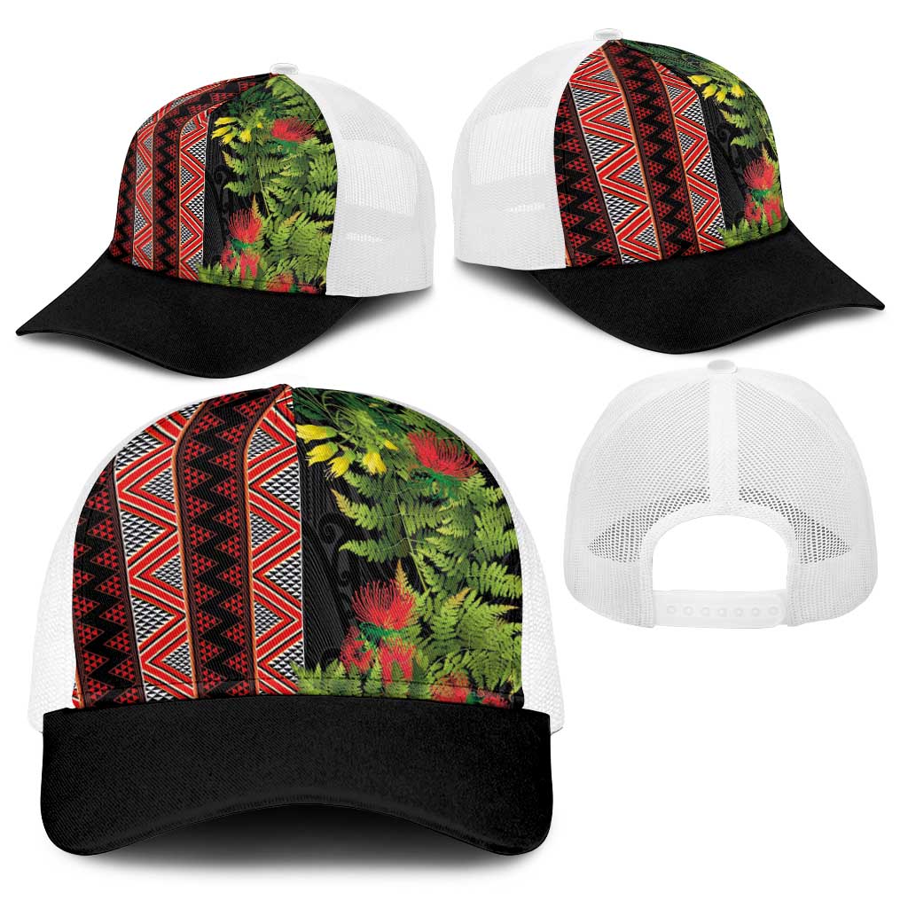 Maori Tukutuku Baseball Net Cap with Ferns Pohutukawa and Kowhai Tribal Moko Patterns LT03 - Polynesian Pride