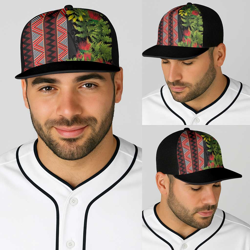 Maori Tukutuku Baseball Net Cap with Ferns Pohutukawa and Kowhai Tribal Moko Patterns LT03 - Polynesian Pride