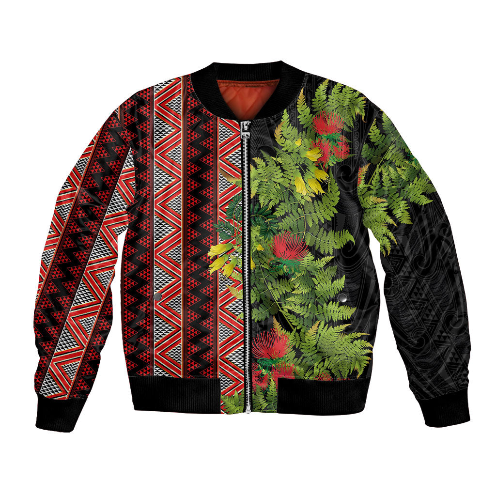 Maori Tukutuku Bomber Jacket with Ferns Pohutukawa and Kowhai Tribal Moko Patterns LT03 Unisex Multicolor - Polynesian Pride
