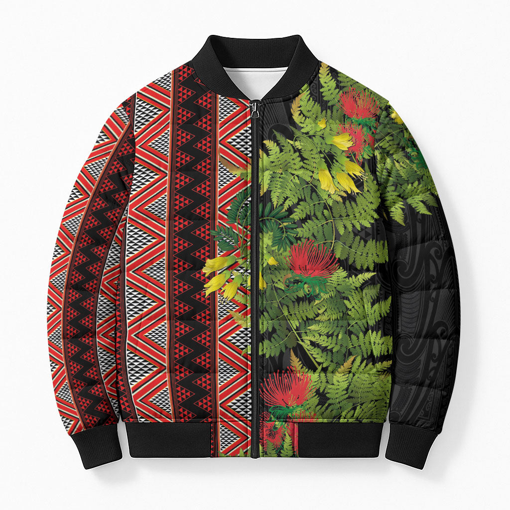 Maori Tukutuku Bomber Puffer Jacket with Ferns Pohutukawa and Kowhai Tribal Moko Patterns
