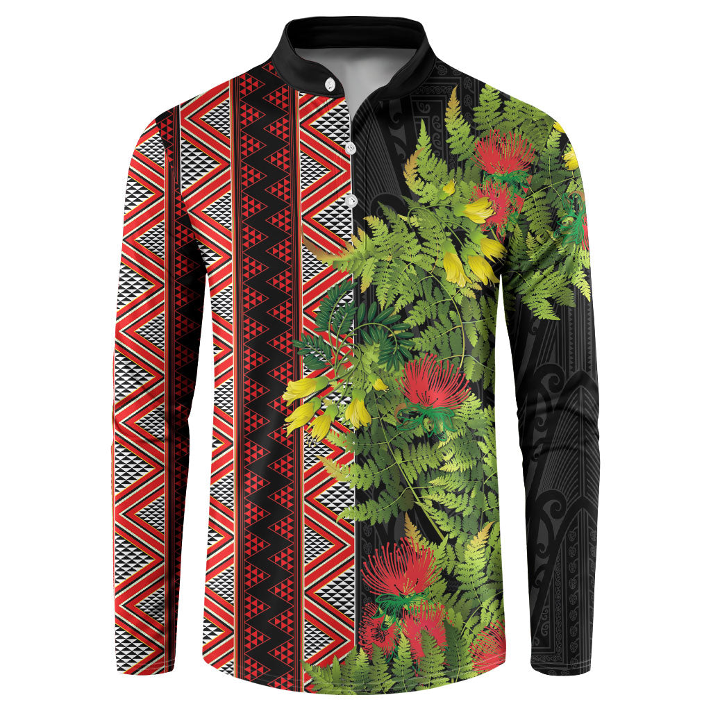 Maori Tukutuku Button Sweatshirt with Ferns Pohutukawa and Kowhai Tribal Moko Patterns