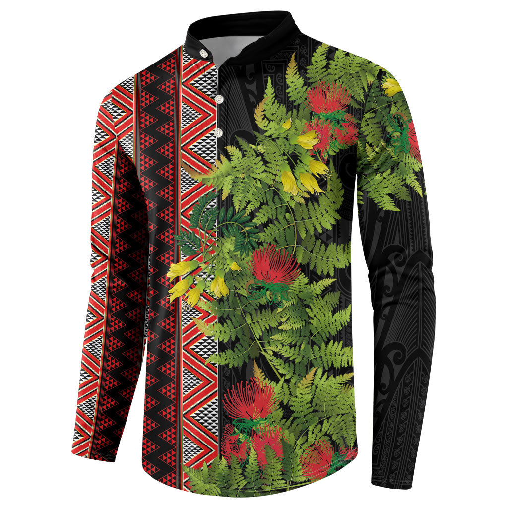Maori Tukutuku Button Sweatshirt with Ferns Pohutukawa and Kowhai Tribal Moko Patterns