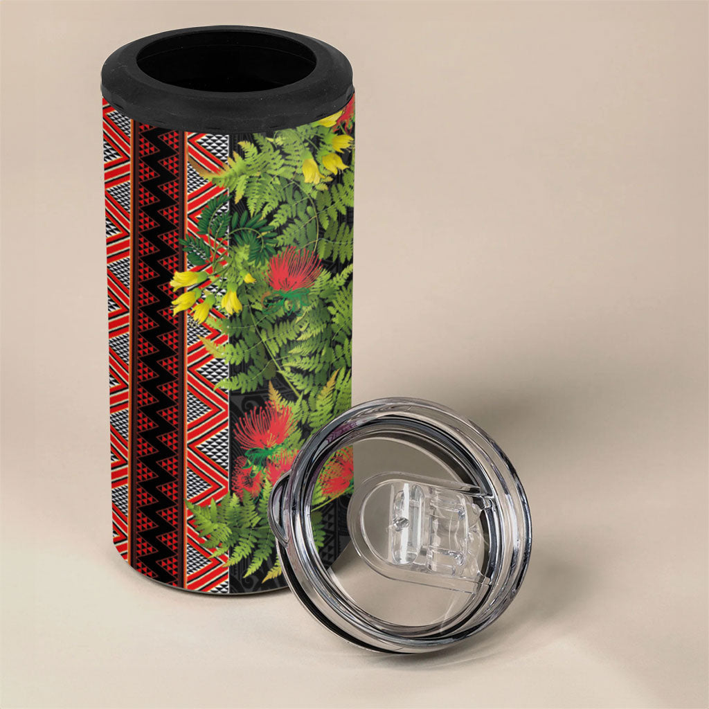 Maori Tukutuku 4 in 1 Can Cooler Tumbler with Ferns Pohutukawa and Kowhai Tribal Moko Patterns LT03 - Polynesian Pride