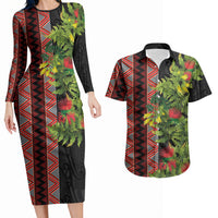 Maori Tukutuku Couples Matching Long Sleeve Bodycon Dress and Hawaiian Shirt with Ferns Pohutukawa and Kowhai Tribal Moko Patterns LT03 Multicolor - Polynesian Pride