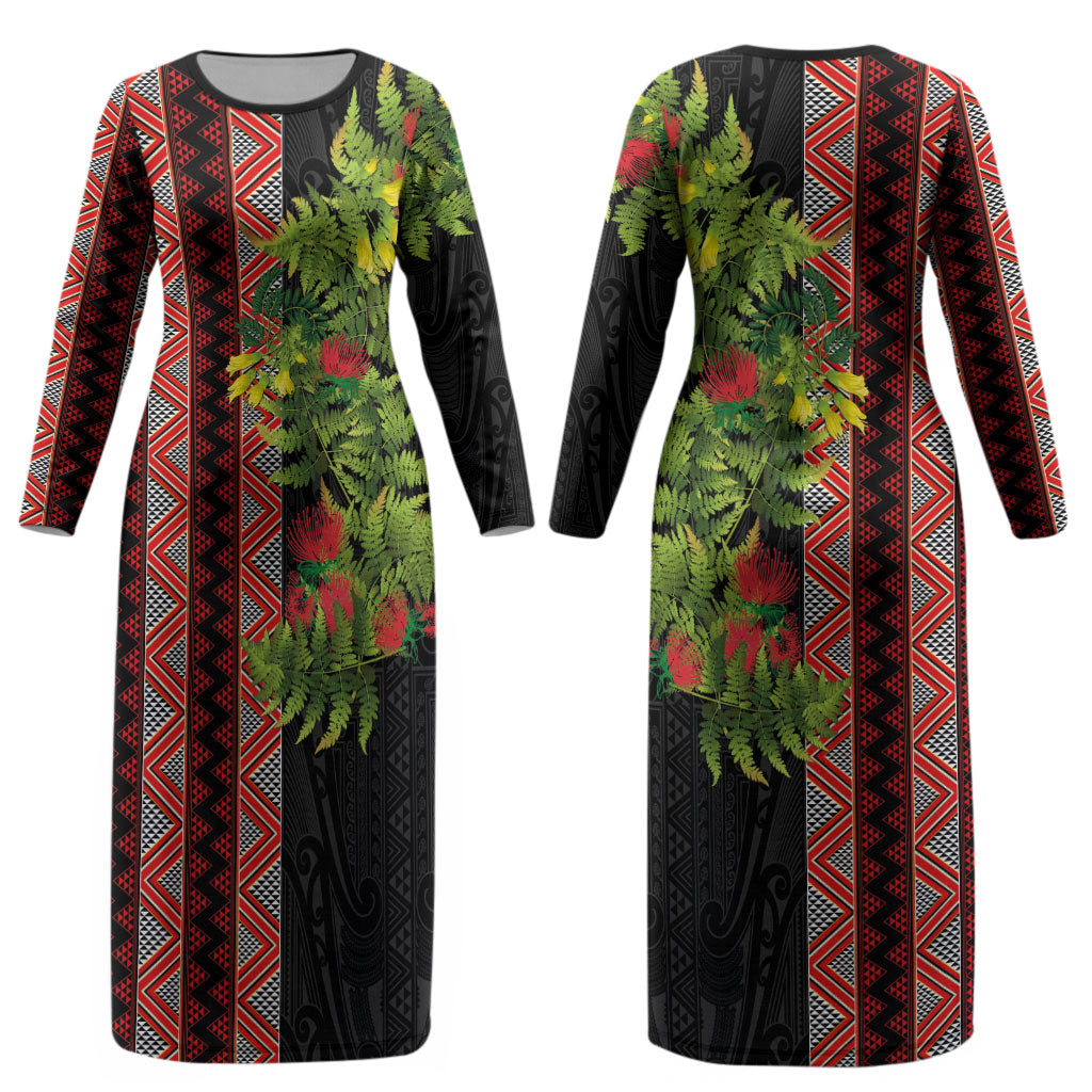 Maori Tukutuku Couples Matching Long Sleeve Bodycon Dress and Hawaiian Shirt with Ferns Pohutukawa and Kowhai Tribal Moko Patterns LT03 - Polynesian Pride