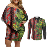 Maori Tukutuku Couples Matching Off Shoulder Short Dress and Long Sleeve Button Shirt with Ferns Pohutukawa and Kowhai Tribal Moko Patterns LT03 Multicolor - Polynesian Pride