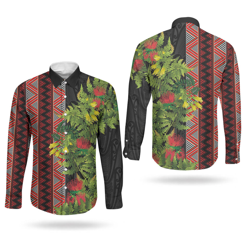 Maori Tukutuku Couples Matching Off Shoulder Short Dress and Long Sleeve Button Shirt with Ferns Pohutukawa and Kowhai Tribal Moko Patterns LT03 - Polynesian Pride