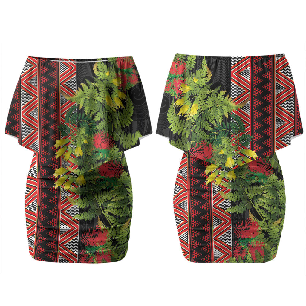 Maori Tukutuku Couples Matching Off Shoulder Short Dress and Long Sleeve Button Shirt with Ferns Pohutukawa and Kowhai Tribal Moko Patterns LT03 - Polynesian Pride