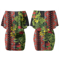 Maori Tukutuku Couples Matching Off Shoulder Short Dress and Long Sleeve Button Shirt with Ferns Pohutukawa and Kowhai Tribal Moko Patterns LT03 - Polynesian Pride