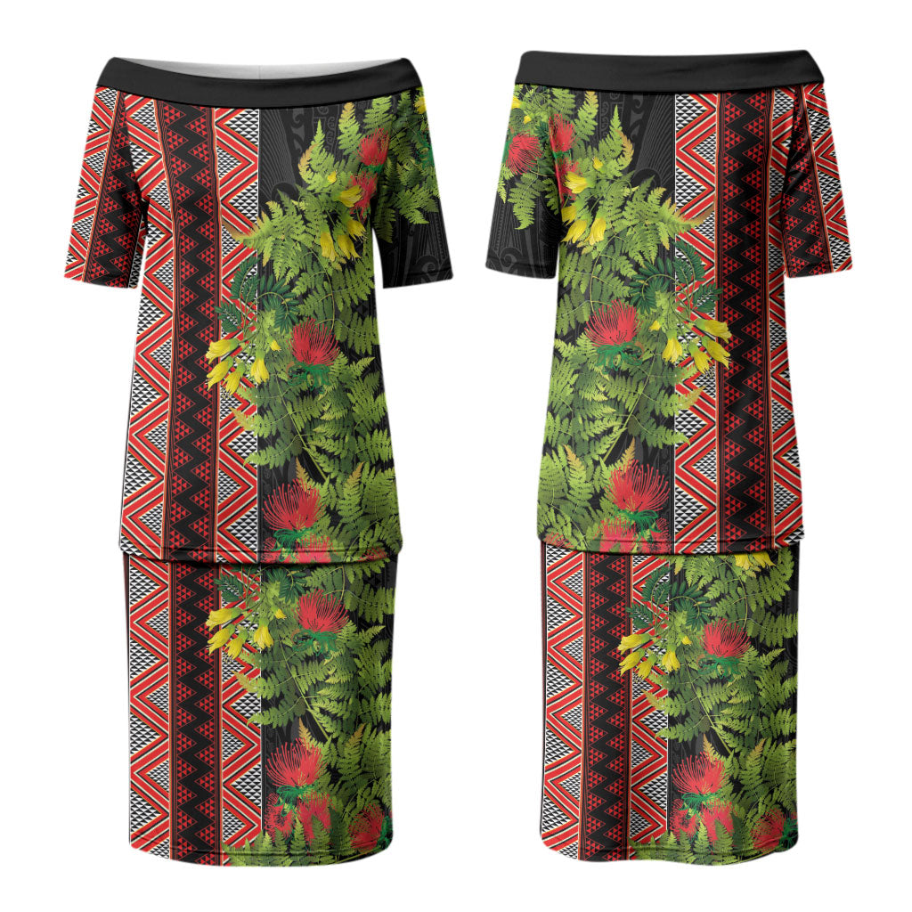 Maori Tukutuku Couples Matching Puletasi and Hawaiian Shirt with Ferns Pohutukawa and Kowhai Tribal Moko Patterns LT03 - Polynesian Pride