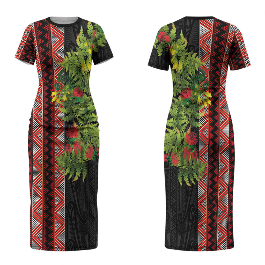 Maori Tukutuku Couples Matching Short Sleeve Bodycon Dress and Hawaiian Shirt with Ferns Pohutukawa and Kowhai Tribal Moko Patterns LT03 - Polynesian Pride