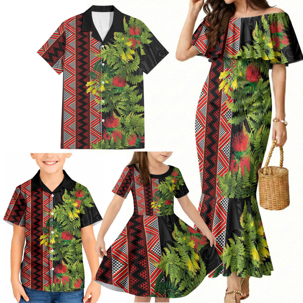 Maori Tukutuku Family Matching Mermaid Dress and Hawaiian Shirt with Ferns Pohutukawa and Kowhai Tribal Moko Patterns LT03 - Polynesian Pride