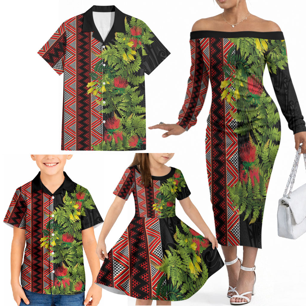 Maori Tukutuku Family Matching Off The Shoulder Long Sleeve Dress and Hawaiian Shirt with Ferns Pohutukawa and Kowhai Tribal Moko Patterns LT03 - Polynesian Pride