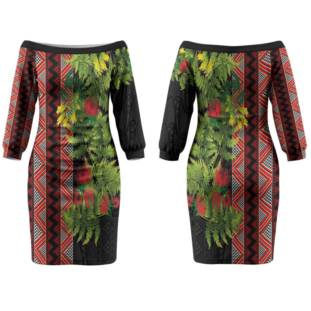 Maori Tukutuku Family Matching Off The Shoulder Long Sleeve Dress and Hawaiian Shirt with Ferns Pohutukawa and Kowhai Tribal Moko Patterns LT03 Mom's Dress Multicolor - Polynesian Pride
