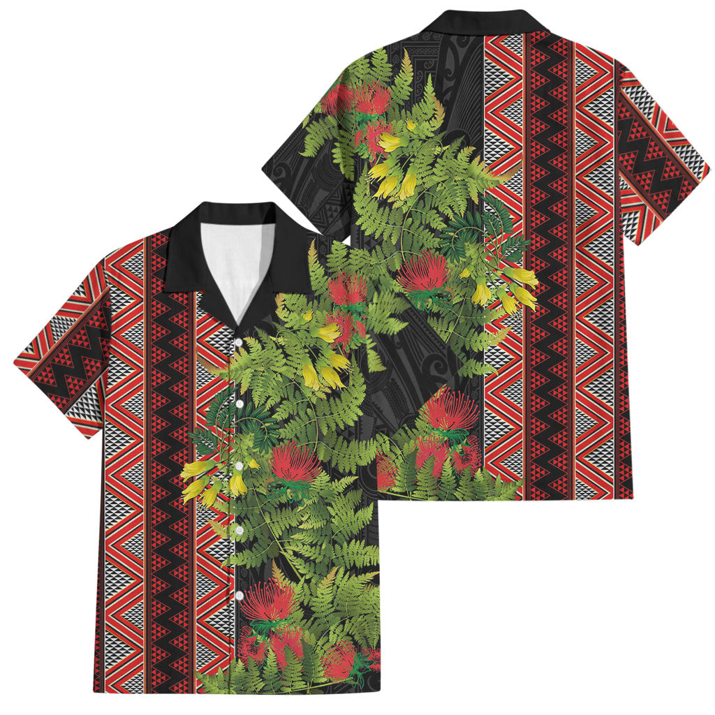 Maori Tukutuku Family Matching Off The Shoulder Long Sleeve Dress and Hawaiian Shirt with Ferns Pohutukawa and Kowhai Tribal Moko Patterns LT03 Dad's Shirt - Short Sleeve Multicolor - Polynesian Pride