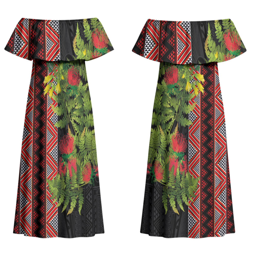 Maori Tukutuku Family Matching Off Shoulder Maxi Dress and Hawaiian Shirt with Ferns Pohutukawa and Kowhai Tribal Moko Patterns LT03 Mom's Dress Multicolor - Polynesian Pride