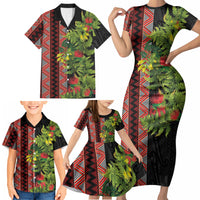 Maori Tukutuku Family Matching Short Sleeve Bodycon Dress and Hawaiian Shirt with Ferns Pohutukawa and Kowhai Tribal Moko Patterns LT03 - Polynesian Pride