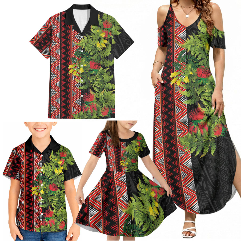 Maori Tukutuku Family Matching Summer Maxi Dress and Hawaiian Shirt with Ferns Pohutukawa and Kowhai Tribal Moko Patterns