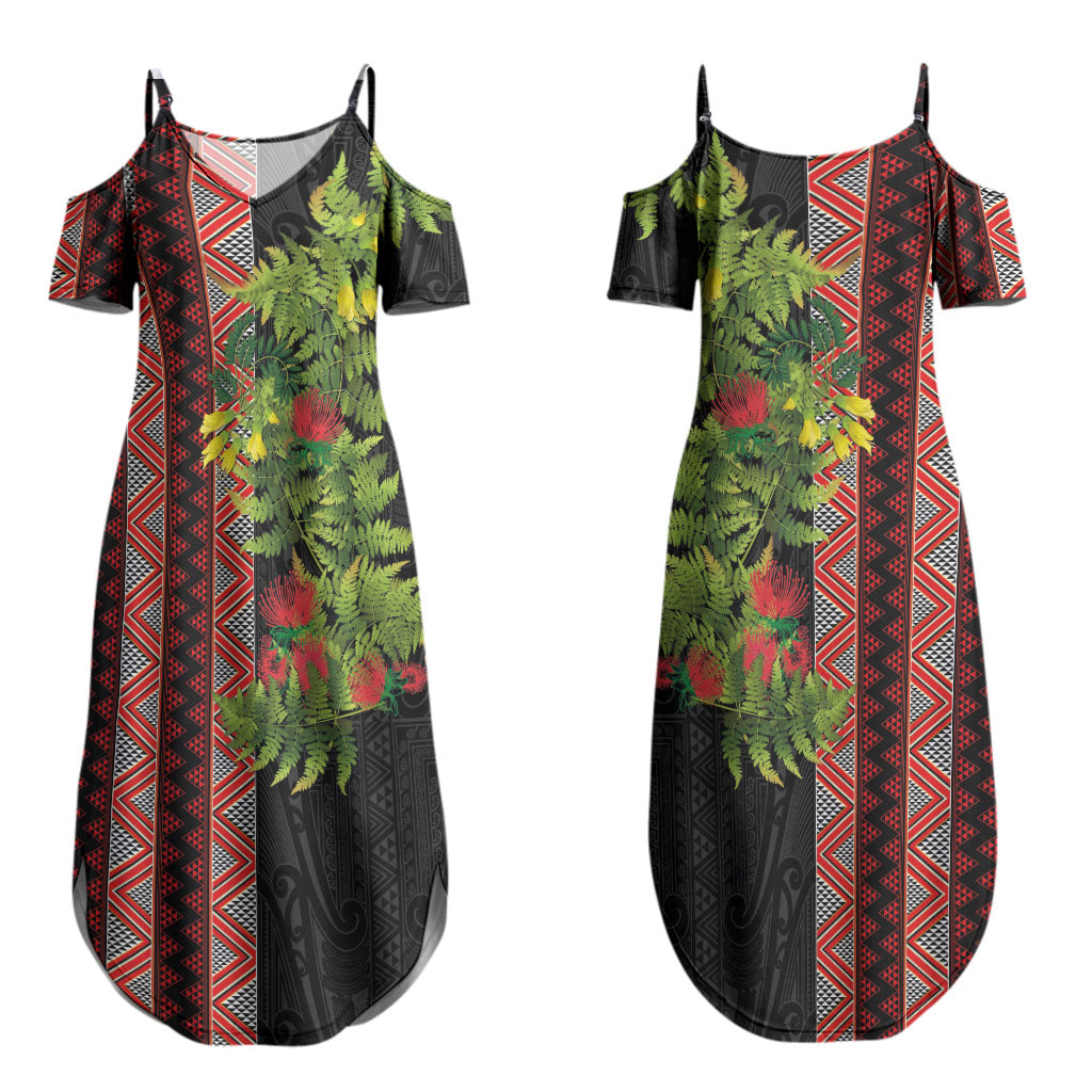 Maori Tukutuku Family Matching Summer Maxi Dress and Hawaiian Shirt with Ferns Pohutukawa and Kowhai Tribal Moko Patterns LT03 Mom's Dress Multicolor - Polynesian Pride