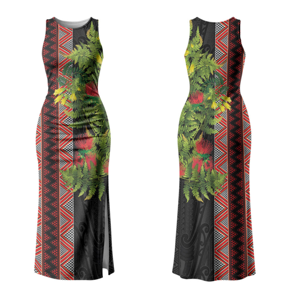 Maori Tukutuku Family Matching Tank Maxi Dress and Hawaiian Shirt with Ferns Pohutukawa and Kowhai Tribal Moko Patterns LT03 Mom's Dress Multicolor - Polynesian Pride