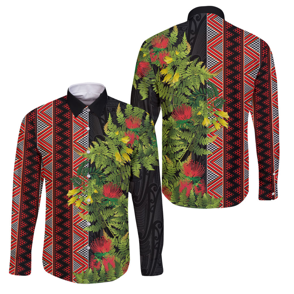 Maori Tukutuku Family Matching Tank Maxi Dress and Hawaiian Shirt with Ferns Pohutukawa and Kowhai Tribal Moko Patterns LT03 Dad's Shirt - Long Sleeve Multicolor - Polynesian Pride