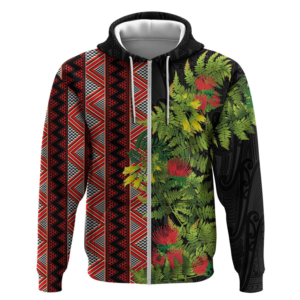 Maori Tukutuku Hoodie with Ferns Pohutukawa and Kowhai Tribal Moko Patterns