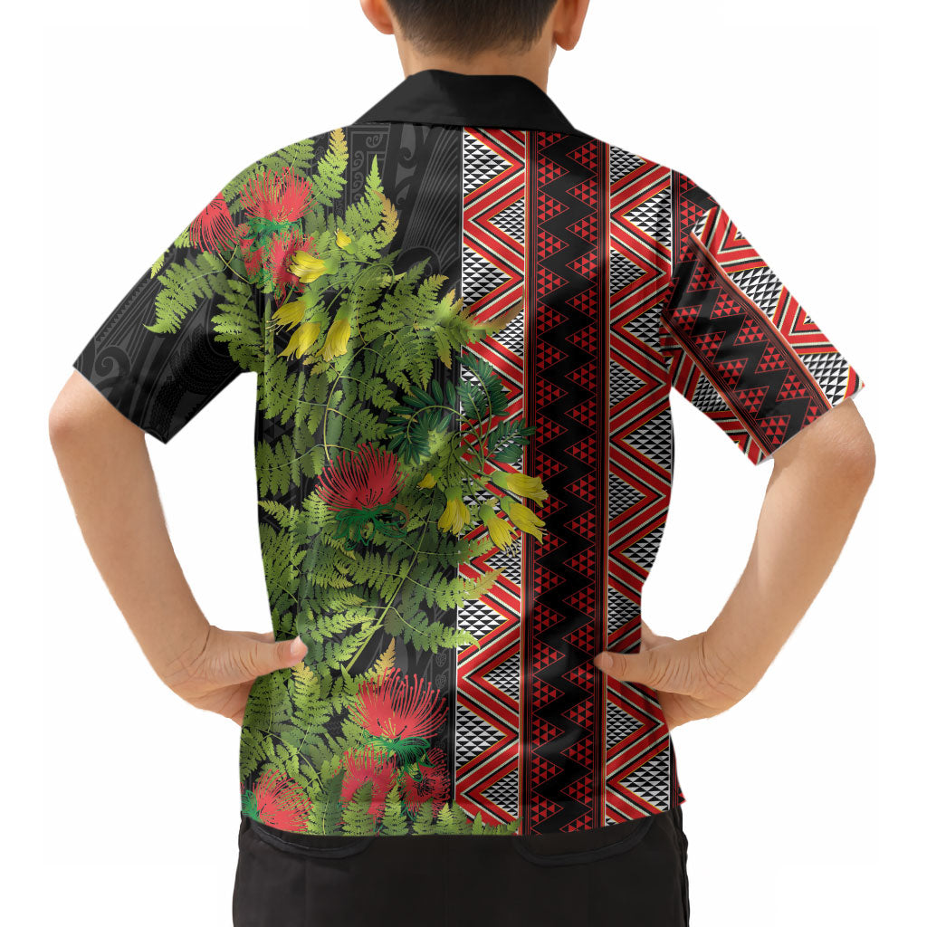 Maori Tukutuku Kid Hawaiian Shirt with Ferns Pohutukawa and Kowhai Tribal Moko Patterns