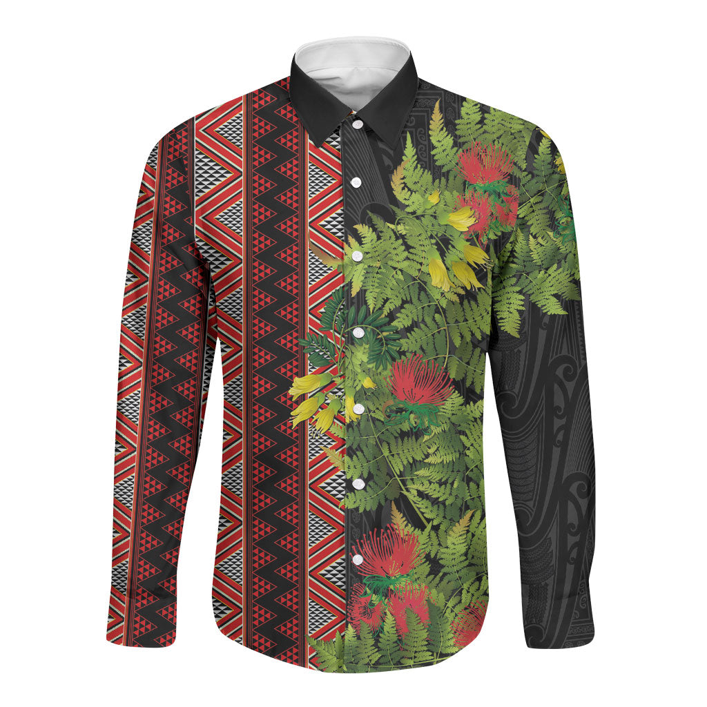 Maori Tukutuku Long Sleeve Button Shirt with Ferns Pohutukawa and Kowhai Tribal Moko Patterns LT03 Unisex Multicolor - Polynesian Pride