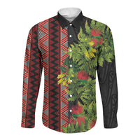 Maori Tukutuku Long Sleeve Button Shirt with Ferns Pohutukawa and Kowhai Tribal Moko Patterns