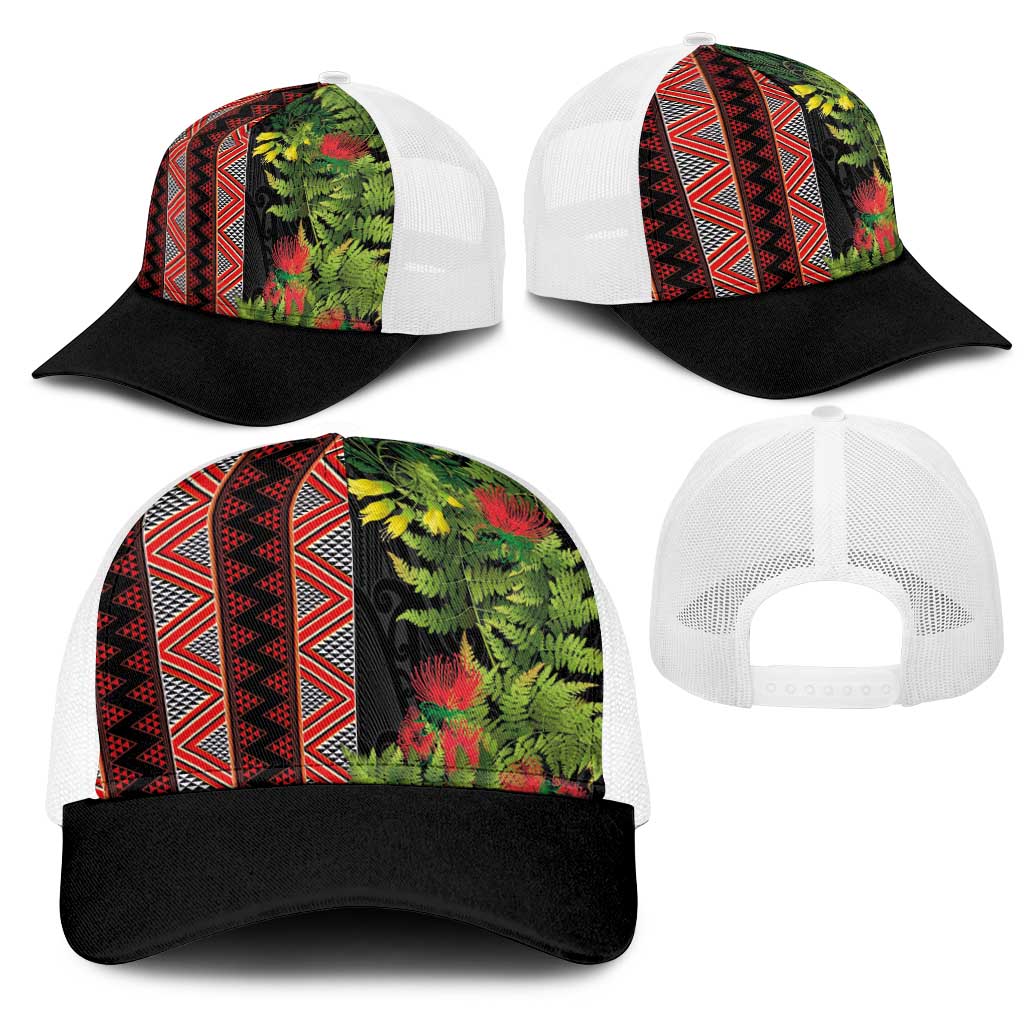 Maori Tukutuku Mesh Trucker Cap with Ferns Pohutukawa and Kowhai Tribal Moko Patterns LT03 - Polynesian Pride