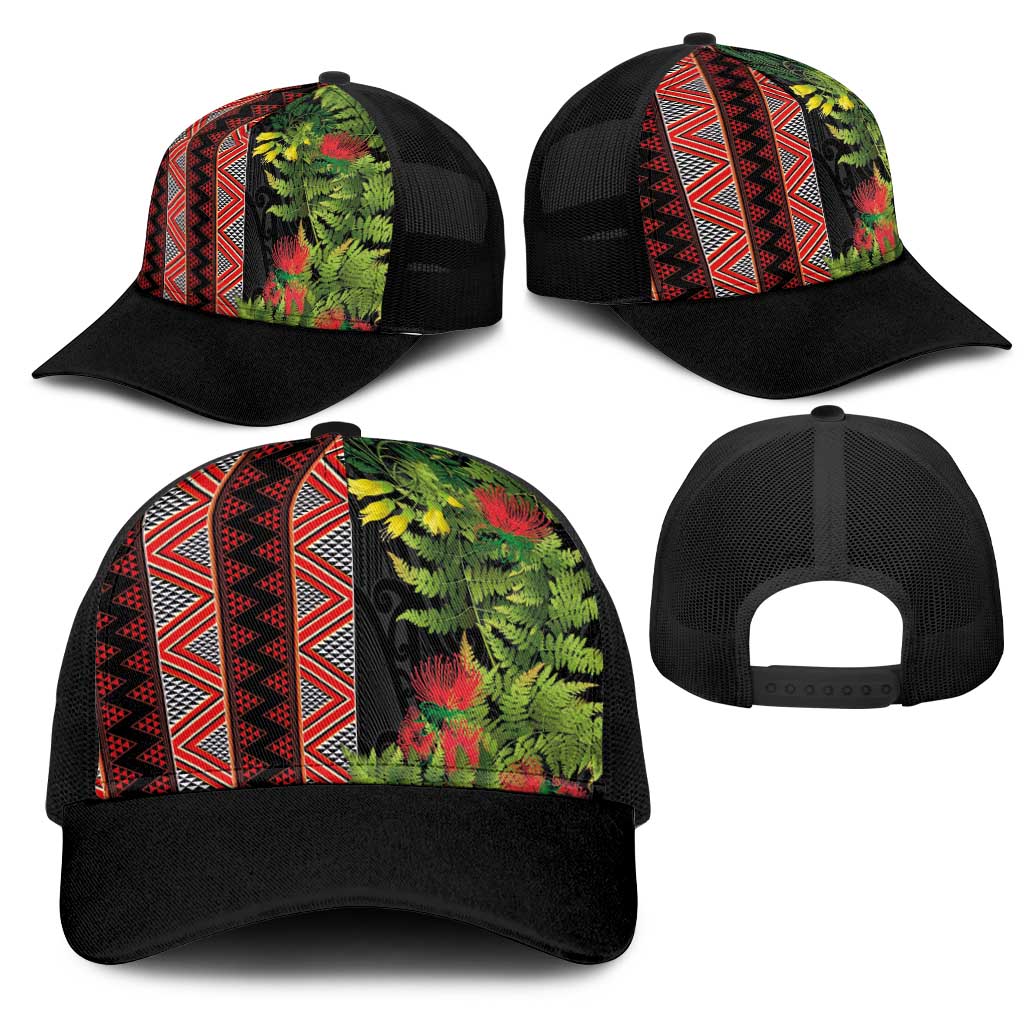 Maori Tukutuku Mesh Trucker Cap with Ferns Pohutukawa and Kowhai Tribal Moko Patterns LT03 - Polynesian Pride