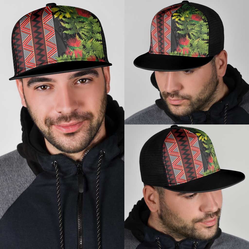 Maori Tukutuku Mesh Trucker Cap with Ferns Pohutukawa and Kowhai Tribal Moko Patterns LT03 - Polynesian Pride