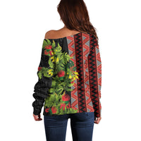 Maori Tukutuku Off Shoulder Sweater with Ferns Pohutukawa and Kowhai Tribal Moko Patterns