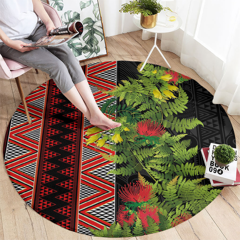Maori Tukutuku Round Carpet with Ferns Pohutukawa and Kowhai Tribal Moko Patterns LT03 - Polynesian Pride