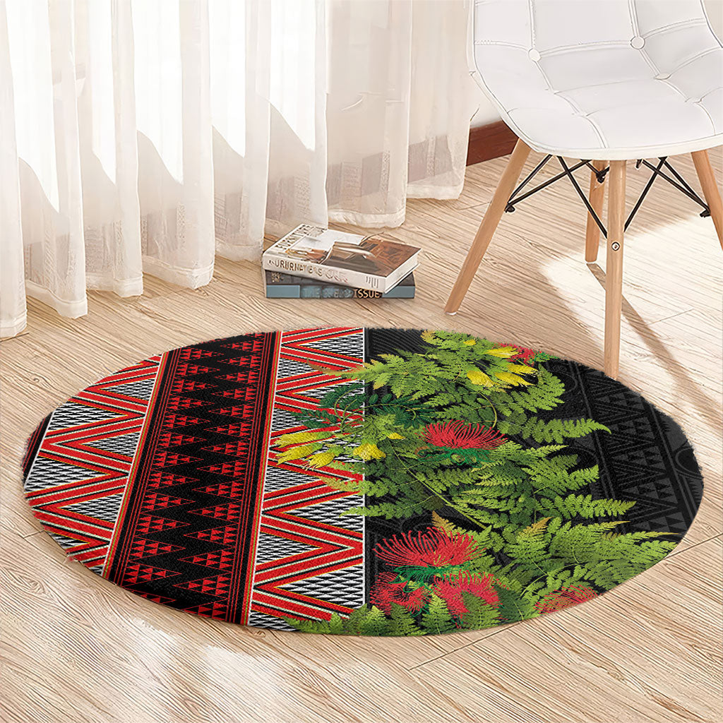Maori Tukutuku Round Carpet with Ferns Pohutukawa and Kowhai Tribal Moko Patterns LT03 - Polynesian Pride