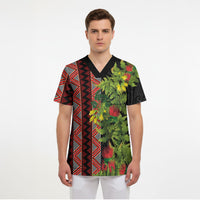 Maori Tukutuku Scrub Top with Ferns Pohutukawa and Kowhai Tribal Moko Patterns