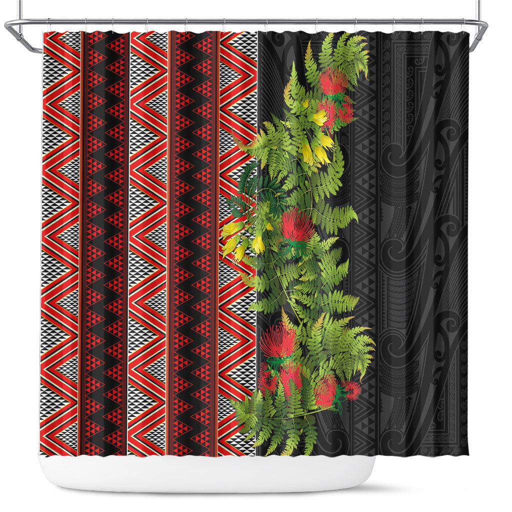 Maori Tukutuku Shower Curtain with Ferns Pohutukawa and Kowhai Tribal Moko Patterns