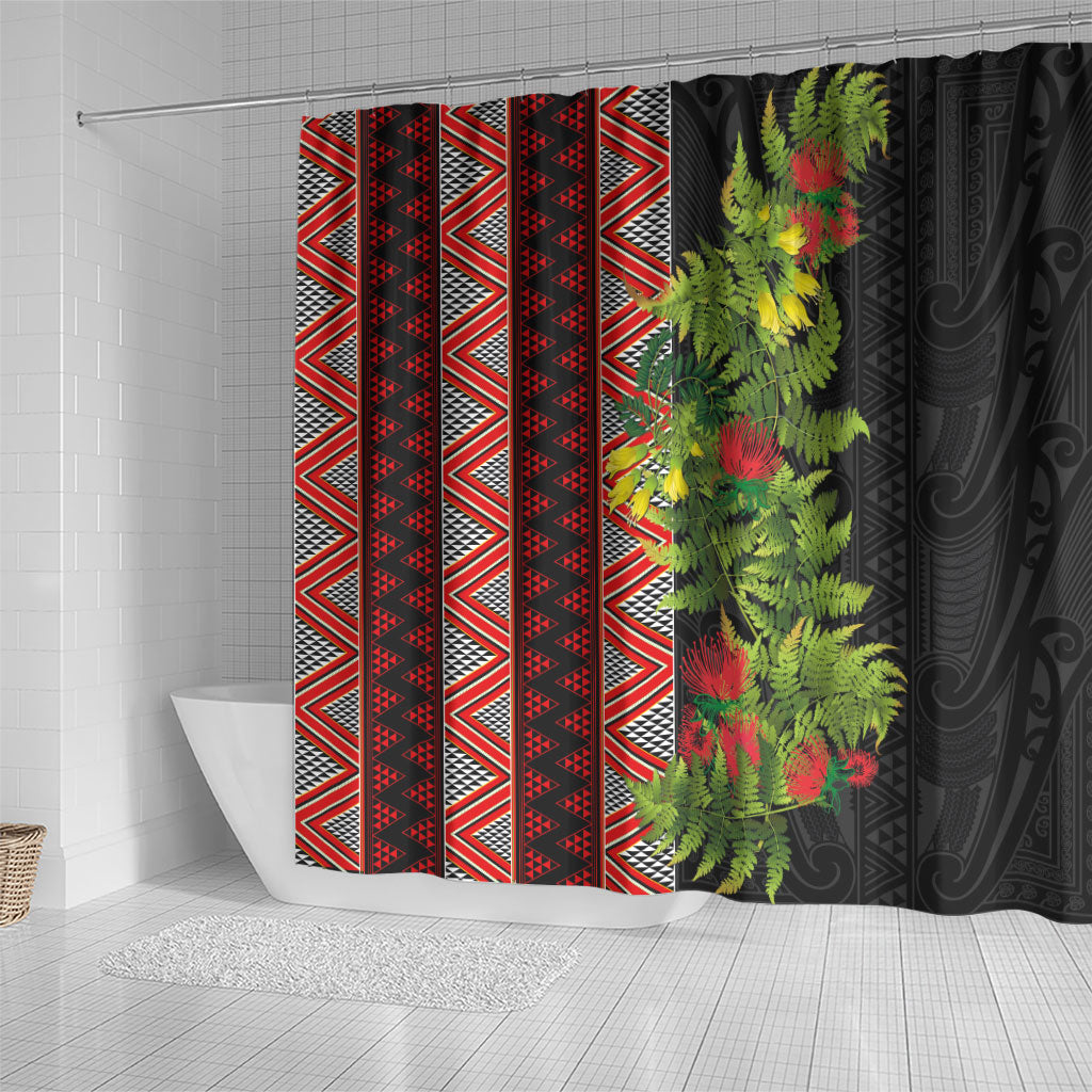 Maori Tukutuku Shower Curtain with Ferns Pohutukawa and Kowhai Tribal Moko Patterns