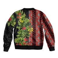Maori Tukutuku Sleeve Zip Bomber Jacket with Ferns Pohutukawa and Kowhai Tribal Moko Patterns